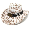 Cappello da cowboy in peluche leopardato con fascia in pelle e stella in metallo - Corona a Cuore Bianca