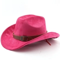 Detail des fuchsiafarbenen Cowboyhuts mit Wildlederstruktur und braunem Lederband mit Schnalle - M (56-58cm) / Fuchsia