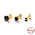 Three-piece set of S925 sterling silver stud earrings with black faceted gemstones - Gold Black Zirconia Flower Round Stud 3-Piece Set
