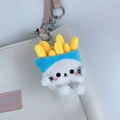 Cute white plush keychain with blue fries design hanging on a white fashion bag - Fries Cat Doll - Blue