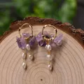 Elegant gold hoop earrings with amethyst cluster and baroque pearls for women - Amethyst Drop Earrings