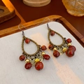 Ethnic teardrop tassel earrings with red beads and bronze metal in bohemian style - Ear Hook Style / Antique Gold