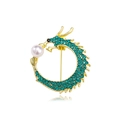 Vintage gold-plated dragon brooch with green crystals and a pearl accent for suits - Gold Green Rhinestone Pearl Round Dragon