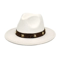 Close-up of leopard print ribbon with gold cross studs on ivory wool fedora hat - M (56-58cm) / White