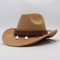 Close-up of ethnic embroidered band with silver coins on kids wool felt cowboy hat - Camel (Silver Coins)