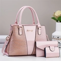 Three-piece pink handbag set with crocodile pattern and patent leather textures - Three-Piece Set / Pink