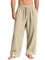 Detail of loose-fit khaki linen trousers for men with drawstring elastic waistband - Khaki