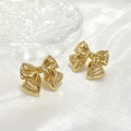 Elegant gold bow stud earrings displayed on silk background for a minimalist retro look - Gold Luxury Bowknot
