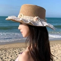 Cappello di paglia con tesa in pizzo bianco e fiori per vacanze al mare - Cappello di Paglia Fiore Pizzo Cachi (D-525)