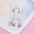 Detail of long gold drop earrings with bow accents, pink petals, and pearls on a card - Bow Curve Thin Bar Petal Artificial Pearl Style (E1486-4/Earring Post)