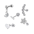 5-piece silver stainless steel stud set with zircon moon, star, heart, and clover designs - Set 17 (Silver/Moon Star Pendant/Zircon/Clover)