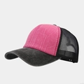 Macro detail of the washed rose red fabric and breathable mesh of the trucker hat - Rose Red