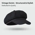 Classic dark blue denim newsboy cap with vintage octagonal stitch design - One Size / Denim Cloud Hat-Black