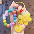 Regenbogen-Schlüsselanhänger mit Sonnenblume, Smiley und Herzanhänger für Taschen - Sonnenblumen-Perlenkette Schlüsselanhänger-Verlauf Gelb