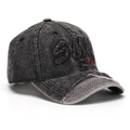 Detail van distressed denim baseballpet met SMILE borduursel en stay cool tekst - Eén Maat (58cm Verstelbaar) / Gewassen Zwart (A)