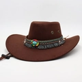 Macro detail of dark brown felt cowboy hat with ethnic beaded band and turquoise stone - M One Size / Coffee