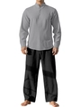 Ensemble décontracté en lin pour homme avec chemise à col montant grise et pantalon noir - S / Gris Clair + Noir