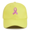 Detail of pink ribbon embroidery on yellow cotton twill baseball cap with fine stitching - Adjustable / Neon Yellow