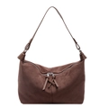 Bolso tote minimalista de gamuza marrón café con borlas de cuero y cierre de cremallera - Café
