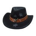 Western black felt cowboy hat with embroidered stars and a decorative bull skull leather band - One Size / Black (Bull Skull Star Decor)