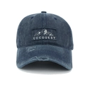 Detail of washed denim baseball cap with COCOQUEST mountain embroidery and distressed brim - Adjustable / Navy Blue
