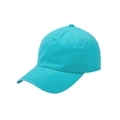 Detail view of teal cotton baseball cap showing 45-degree profile and stitching - Lake Blue