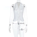 Close-up of a white ruffled halter neck top featuring double-layered frills and a V-neckline - S / White
