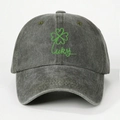 Faded grey cotton denim baseball cap with green clover and Lucky embroidery - One Size / Army Green