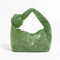 Close-up detail of green rhinestone hobo bag with trendy knotted handle design - Green
