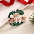 Christmas snowman family brooch with sparkling rhinestones and green pine on golden frame - BR0061-Snowman Family