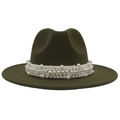 Close-up of dense white faux pearls on a dark olive green wide brim wool felt jazz hat - Army Green (Large Pearl)