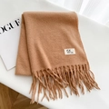 Camel soft cashmere feel scarf with fringe and minimalist label on white texture - Camel / Over 175cm