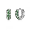 Detailed macro view of silver huggie earrings with green pavé-set cubic zirconia stones - Silver With Green Zirconia