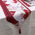 Christmas linen table runner with Santa jacquard pattern and elegant red tassels - Model J-HO HO HO Santa Claus Jacquard