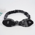 Elastic black bandana print headband with bunny ear bow knot and paisley pattern - Black Paisley