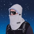 Winter off-white fleece hood mask with lavender faux fur trim and adjustable drawstring - Light Gray