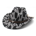 Retro cow print fedora wool felt hat with bull skull buckle and leather band - M (56-58cm) / Dark Grey Spot Print