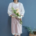 Pink washed cotton linen apron with wide straps and large pockets for kitchen use - Pink