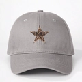 Detailed close-up of grey cotton baseball cap with leopard print star patch and stitching - One Size / Gray