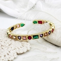 Detailed macro view of 18K gold-plated bangle featuring colorful heart and round zircon stones - Style 3 6mm Wide