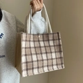 Bolso para el almuerzo de lona a cuadros caqui con asas de cuerda blanca e imán - Estilo de Cuerda Caqui