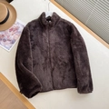 Women's dark brown polar fleece jacket with zipper and stand collar in lifestyle flat lay - Red Brown