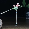 Chinesische Haarnadel mit rosa Libelle, grünem Achat und langen silbernen Perlenquasten - Silber Rosa Libelle Grüner Sicherheitsverschluss Quaste (0593)