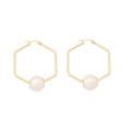 Elegant geometric gold hexagon pearl earrings with polished finish and white round pearls - 3# Hexagon