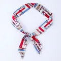 Narrow twilly scarf with vintage chain patterns in red, blue, and gold geometric style - X32-Multi