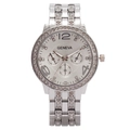 Fashionable silver women's quartz watch with crystal bezel and three sub-dials - Silver