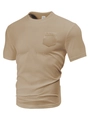 Close-up of khaki waffle knit fabric texture and garment care label on men's T-shirt - S / Khaki
