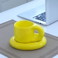 Chubby yellow ceramic mug with large ring handle and matching saucer for coffee - Yellow Fat Cup + Saucer