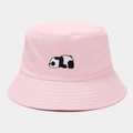 Close-up of cute panda embroidery on a pink cotton bucket hat with detailed stitching - Light Pink