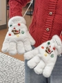 Ricamo dettagliato di bassotto e albero di Natale su morbidi guanti di peluche bianchi - Guanti a 5 dita / Bianco